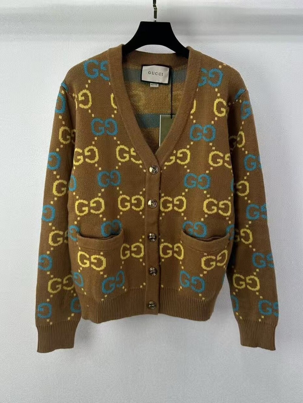 Gucci Brown Cardigan Sweater with Blue and Yellow GG Motif